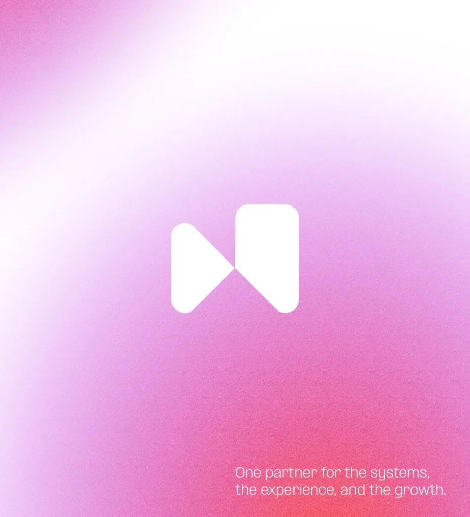 Neptune mark on a pink gradient, with the line one partner for the systems, the experience, and the growth