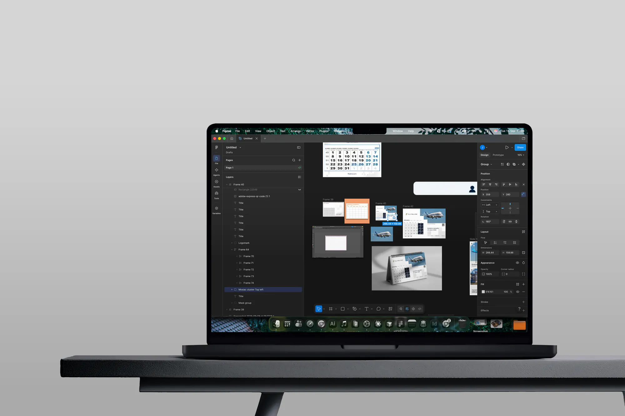 Early Fliteline ideation in Figma, with calendar and identity references on a laptop