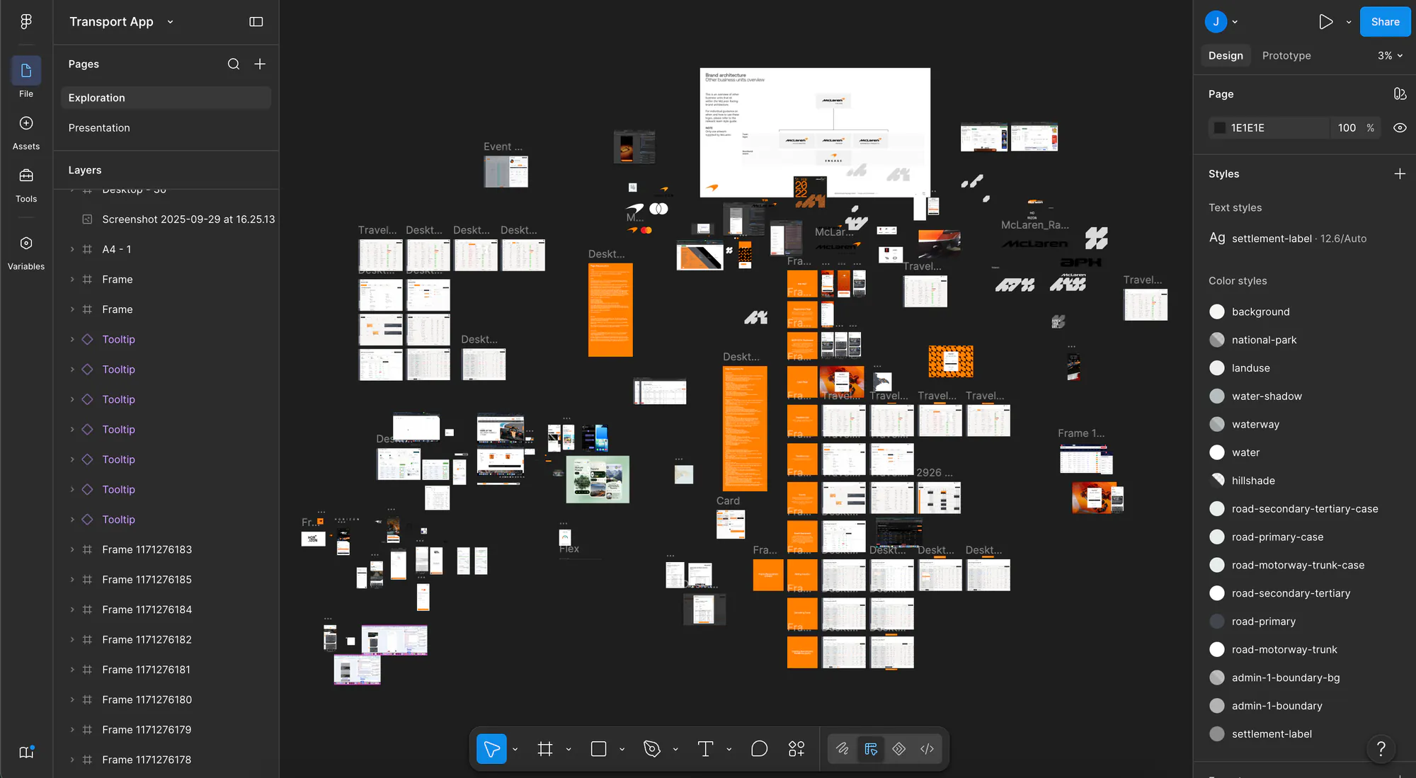 The exploration canvas — early wireframes, mobile concepts and brand architecture explored in parallel.